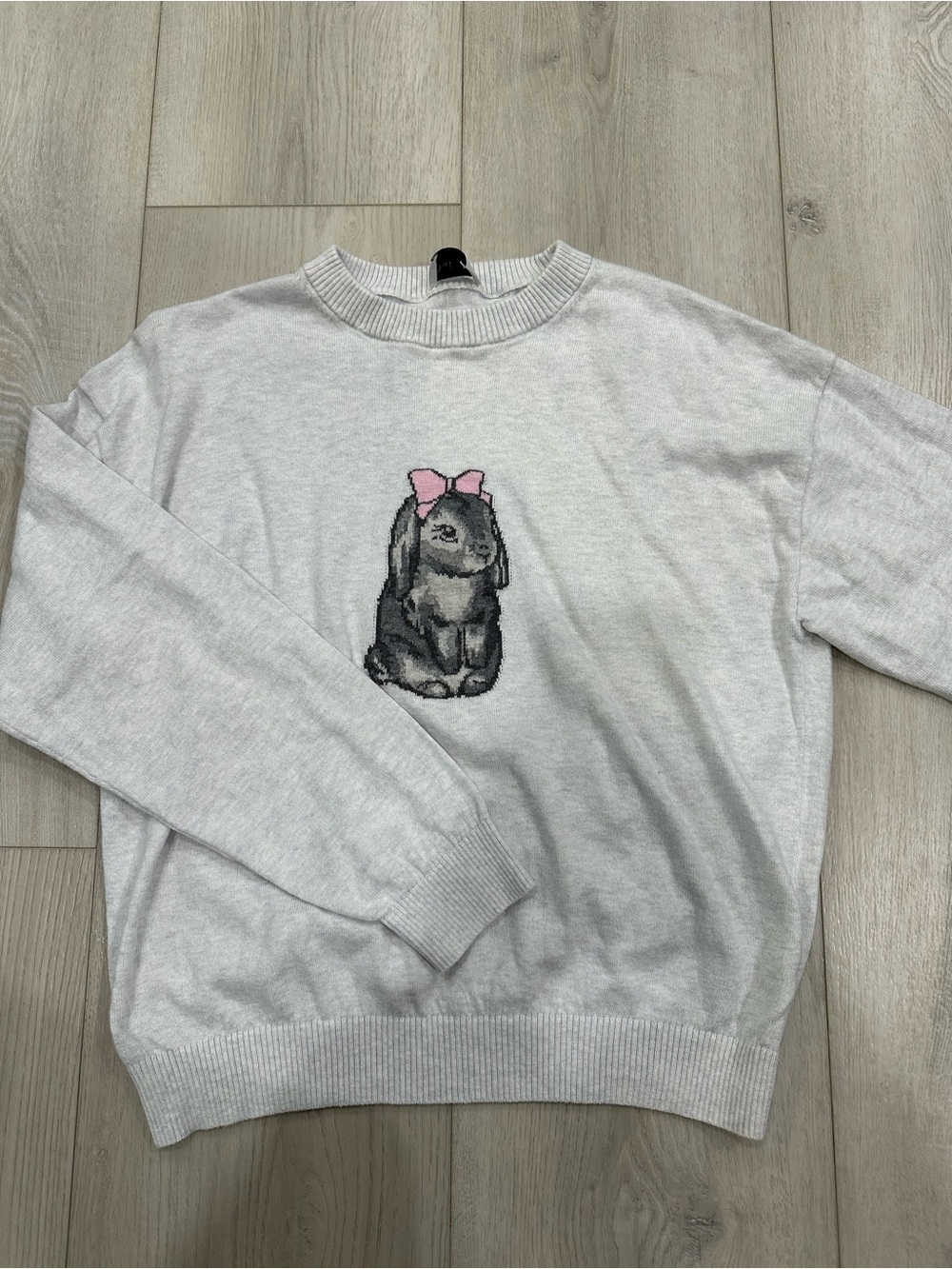 Sunday Best Light Gray Sweater with Bunny and Pink Bow
